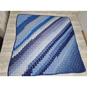 Vintage Handmade Crocheted Baby Blanket Ombre Blue Striped Throw 35"X27"